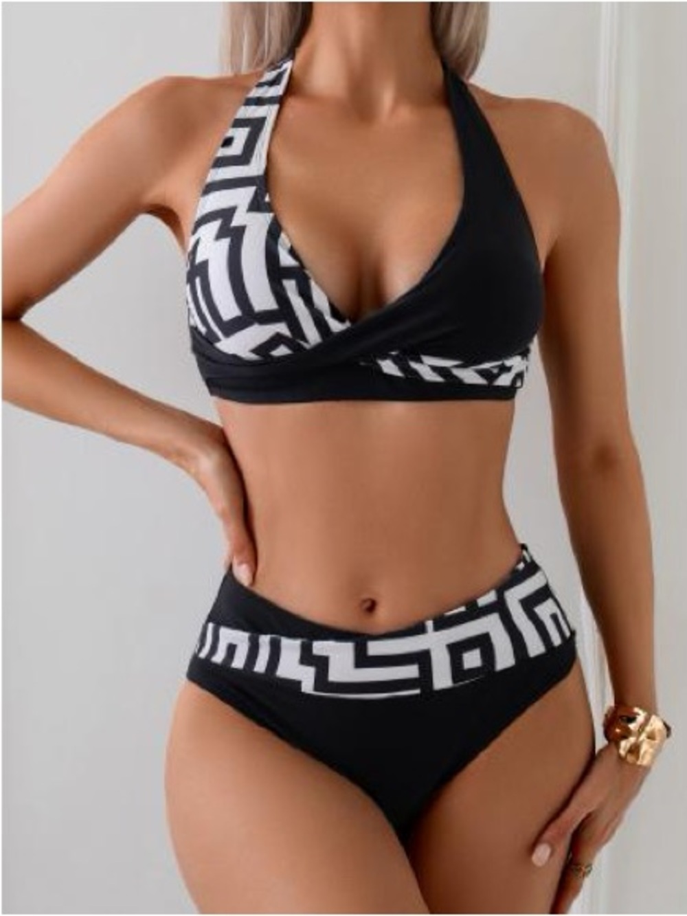 Black & White Geometric Halter Bikini - Women Swim